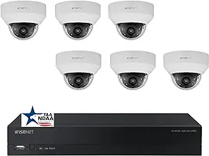 Hanwha 8 Channel IP Camera System, NDAA TAA Compliant, ARN-810S 8 CH 4K H.265 NVR with 6 pcs ANV-L7012R 4MP IP Dome Cameras 2TB HDD