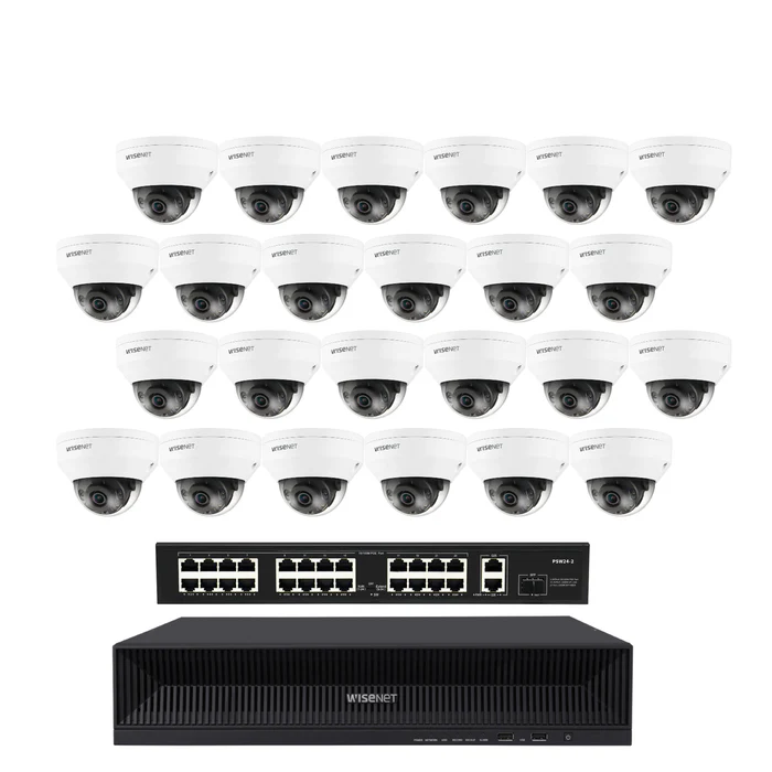 Hanwha Wisenet 32 Channel PoE Security IP Camera System, XRN-3210B2 32 CH 4K H.265 NVR with 24 pcs ANV-L7012R 4MP IP PoE Dome Weatherproof IP Cameras, 8TB Hard Drive Storage, NDAA TAA Compliant